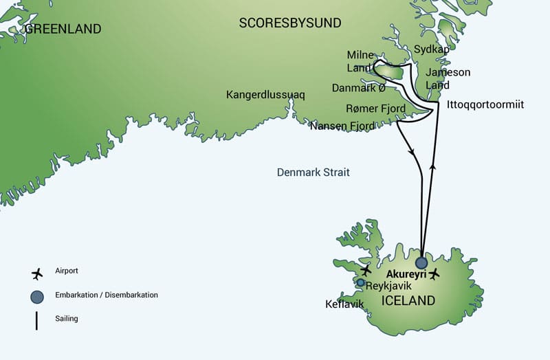 Route map of Scoresby Sund Aurora Borealis voyage, operating round-trip from Aukureyri, Iceland, with visits along southern Greenland.