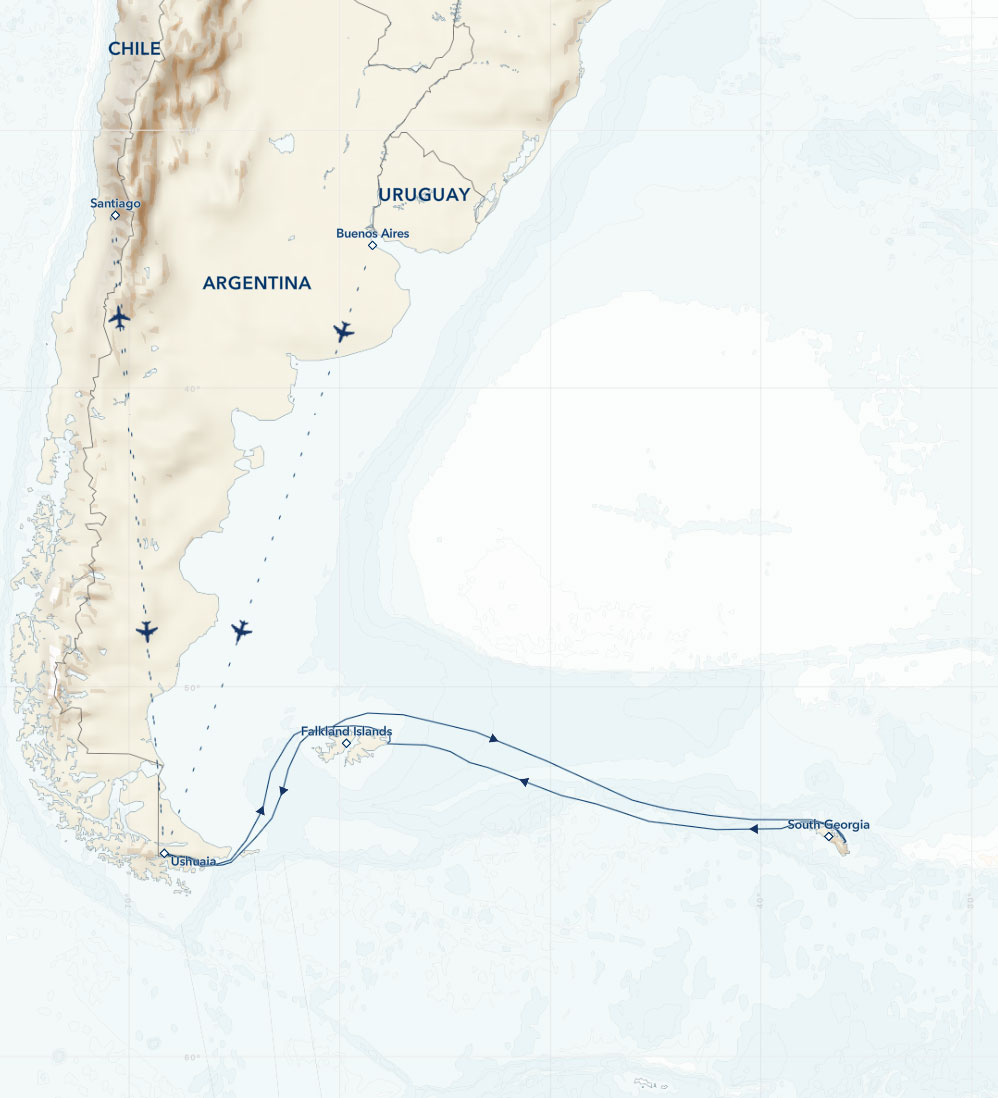 Route map of National Geographic South Georgia & Falklands voyage, operating round-trip from either Buenos Aires, Argentina or Santiago, Chile.