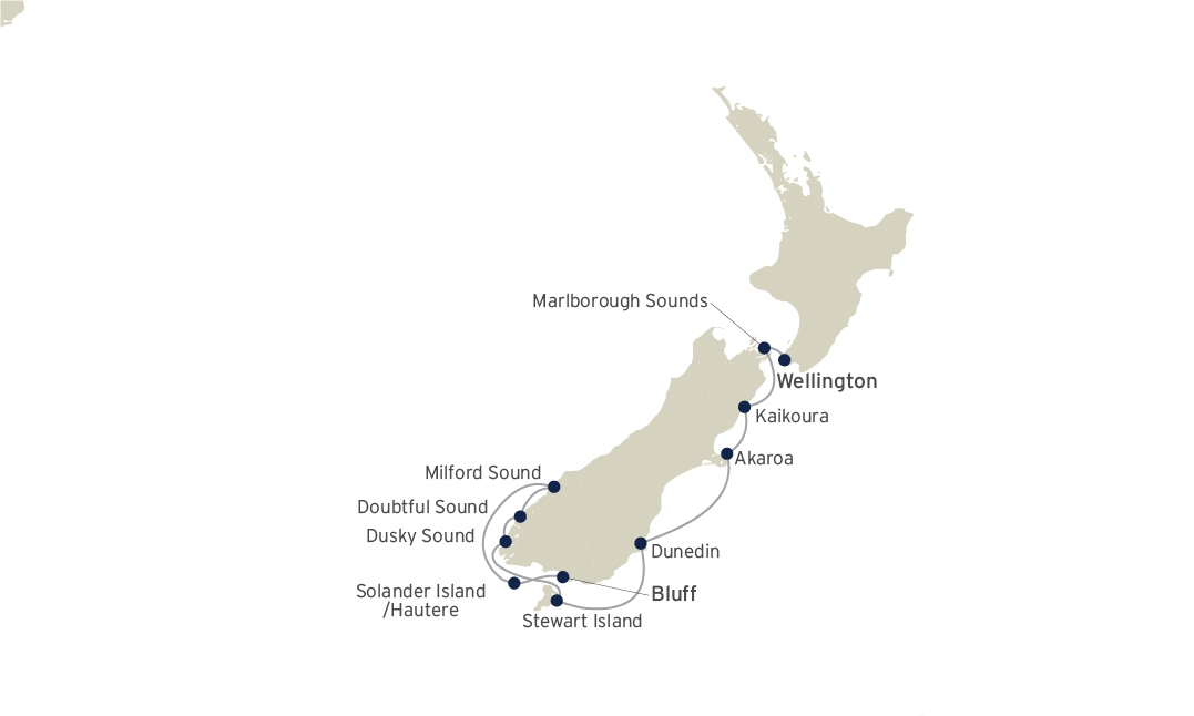 Route map of South Island & Fiords of New Zealand cruise from Bluff to Wellington with visits along the east coast, Milford Sound & Stewart Island.