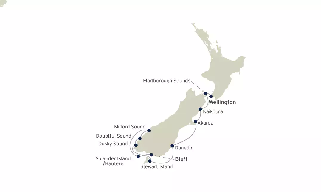Route map of South Island & Fiords of New Zealand cruise from Bluff to Wellington with visits along the east coast, Milford Sound & Stewart Island.