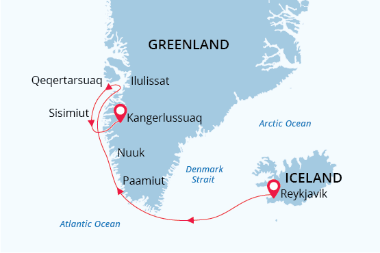Route map of Welcome to The Land of Vikings Arctic voyage from Reykjavik, Iceland, to Kangerlussuaq, Greenland.