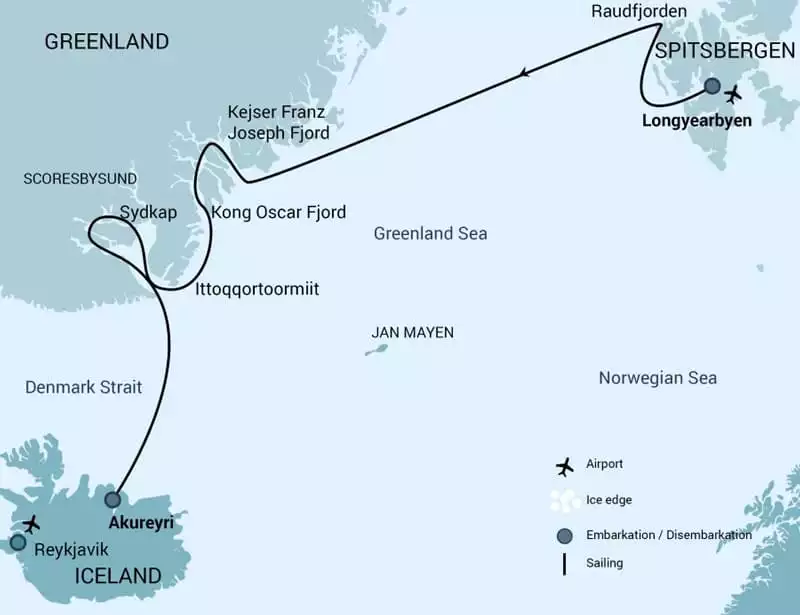 Route map of Spitsbergen - Northeast Greenland Arctic cruise, from Akureyri, Iceland, to Longyearbyen- Norway, with visits to the Scoresby Sund, Kong Oscar & Kejser Franz Joseph Fjords.