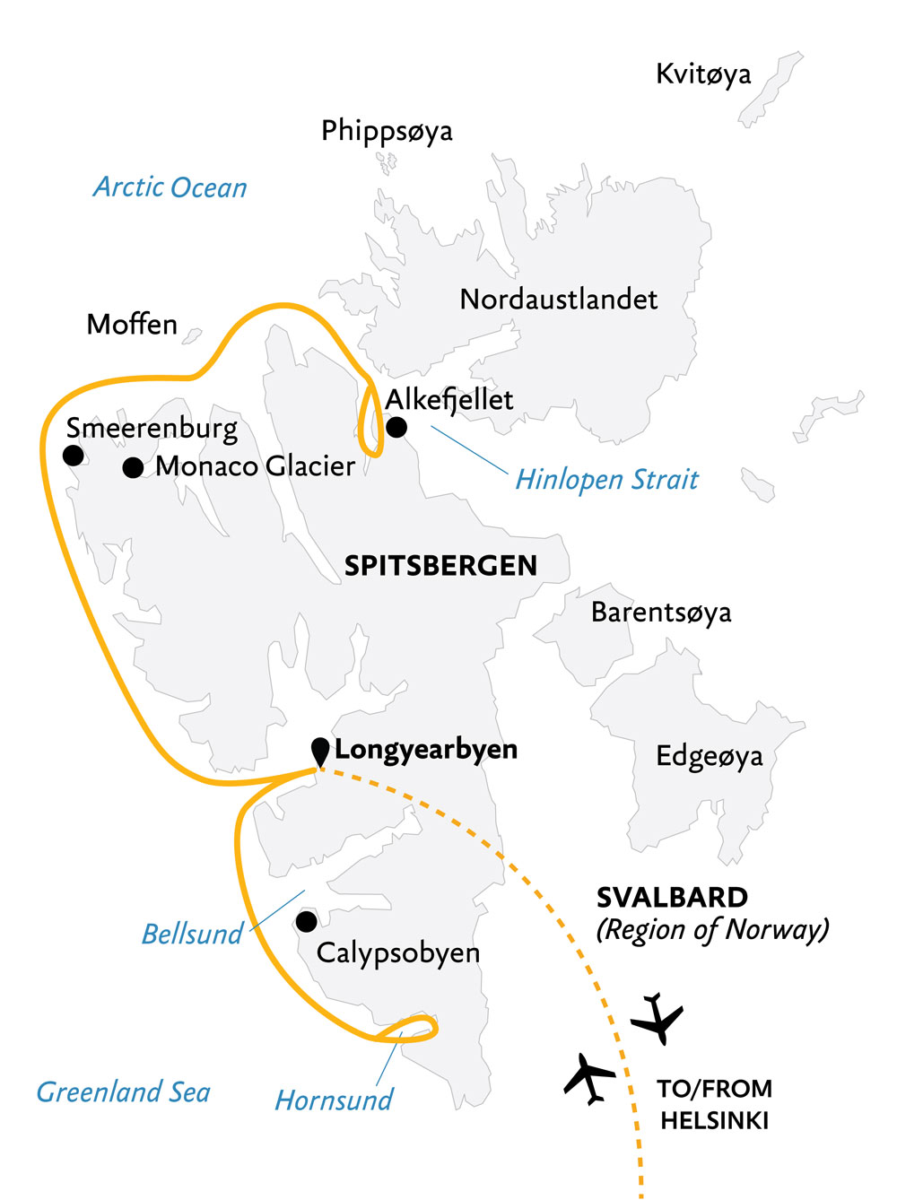 Route map of Svalbard Explorer cruise focused on western edge of the archipelago & operating round-trip from Longyearbyen with bookend flights to and from Helsinki, Finland.