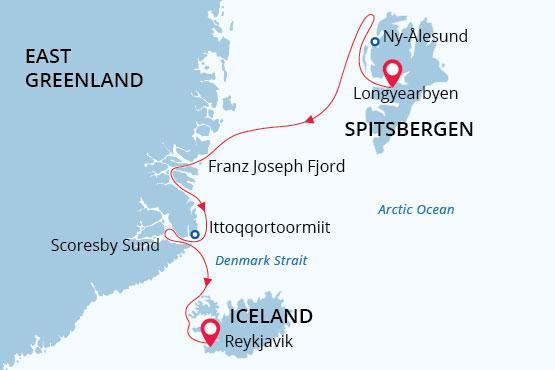 Route map of Arctic Odyssey Under a Solar Eclipse cruise, from Longyearbyen, Svalbard to Reykjavik, Iceland, with visits along east Greenland.