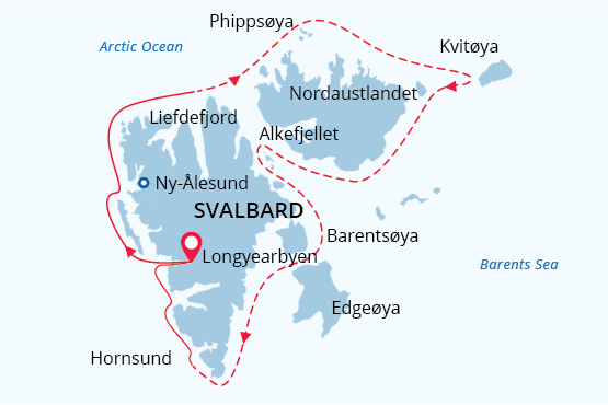 Route map of In-Depth Arctic Expedition & Polar Bear Safari, round-trip from Longyearbyen, Svalbard, Norway, with an included flight to Oslo following disembarkation, and attempts a circumnavigation of Svalbard plus a unique visit to Kvitoya, while searching for wildlife.