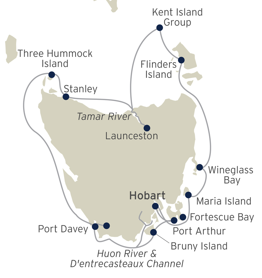 Route map of Circumnavigation of Tasmania itinerary, operating round-trip from Hobart, Australia.