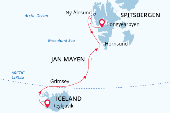 Route map of Three Pearls of the Arctic voyage, operating from Reykjavik, Iceland, to Longyearbyen, Spitsbergen, with visits along the Arctic Circle & Jan Mayen Island.