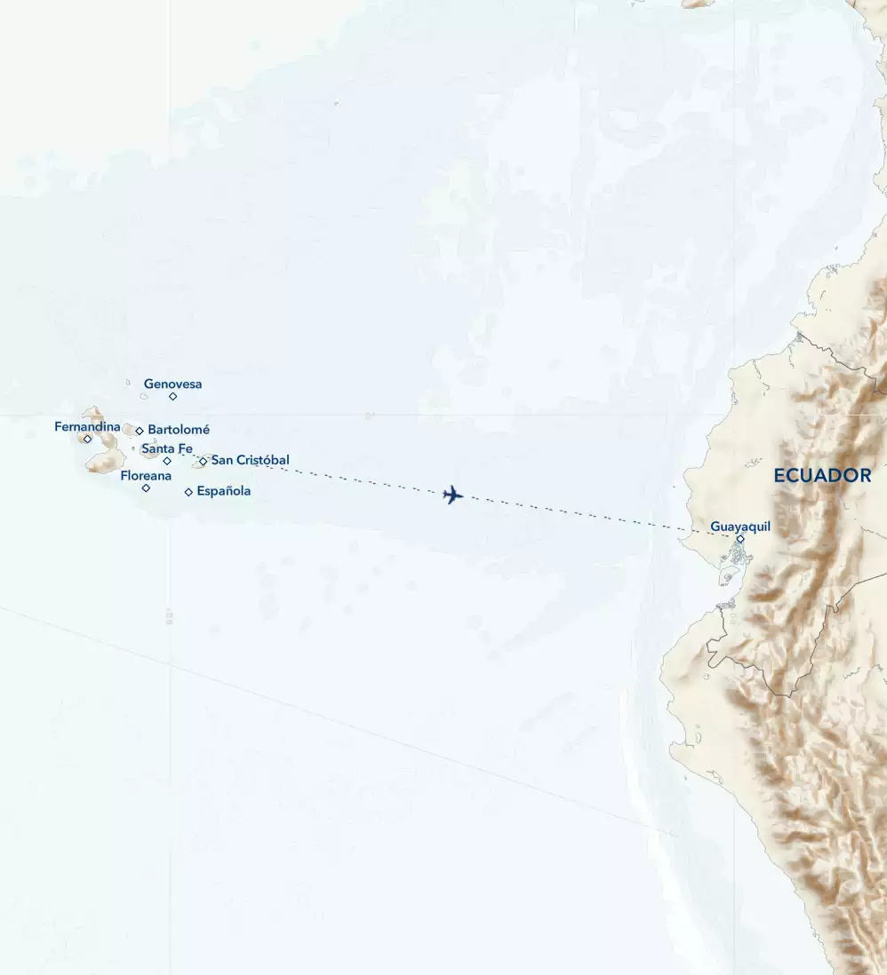 Ultimate Galapagos Holiday Voyage route map showing Quito & Guayaquil, Ecuador with a flight line to the islands.