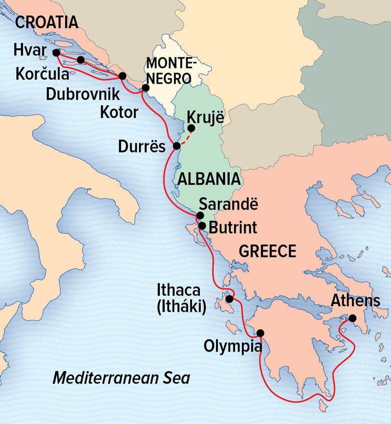 Under Sail: Greece to the Dalmation Coast route map between Athens & Dubrovnik.