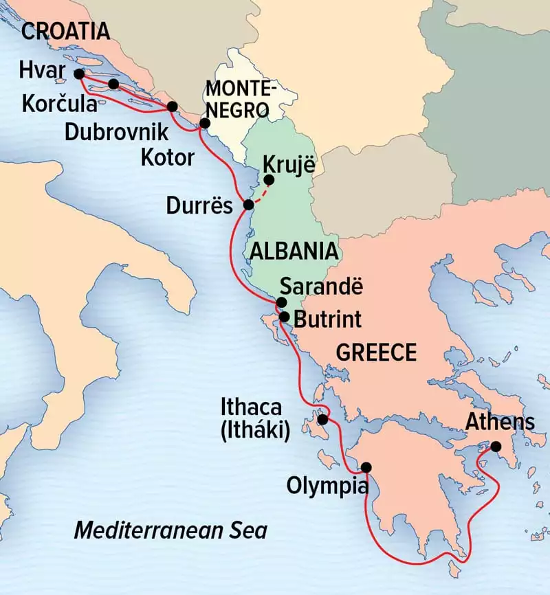 Under Sail: Greece to the Dalmation Coast route map between Athens & Dubrovnik.