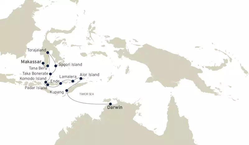 Route map of Islands of Indonesia: In The Wake of Makssans small ship cruise, operating from Makassar, Indonesia, southbound to Darwin, Australia.