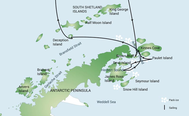 Route map of Weddell Sea Explorer Antarctica cruise, operating round-trip from Ushuaia, Argentina.