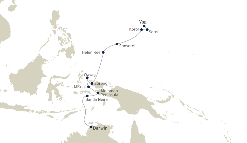 Route map of West Papua, Raja Ampat & Micronesia small ship expedition cruise from Darwin to Yap.