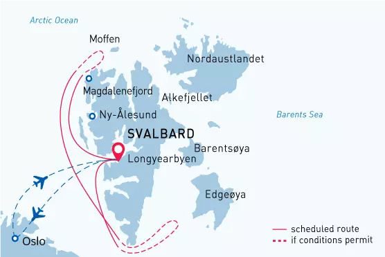 Route map of West Svalbard Arctic small ship cruise, operating round-trip from Longyearbyen with a focus along the island's west coast.