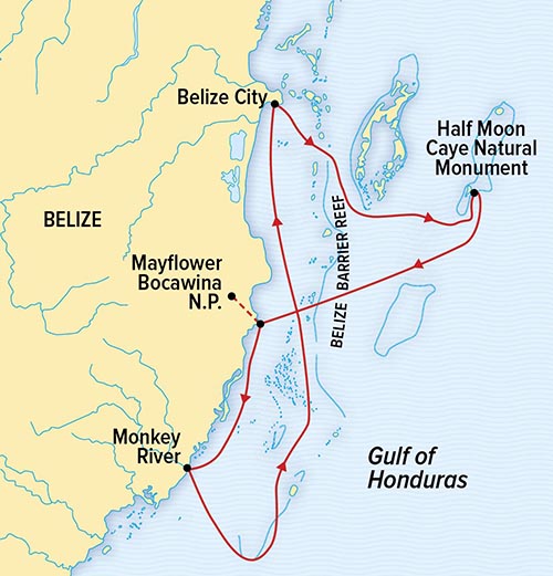 Route map of Wild Belize Escape small ship cruise, operating round-trip via Belize City, with visits to Half Moon Caye Natural Monument, Mayflower Bocawina National Park and the Monkey River.
