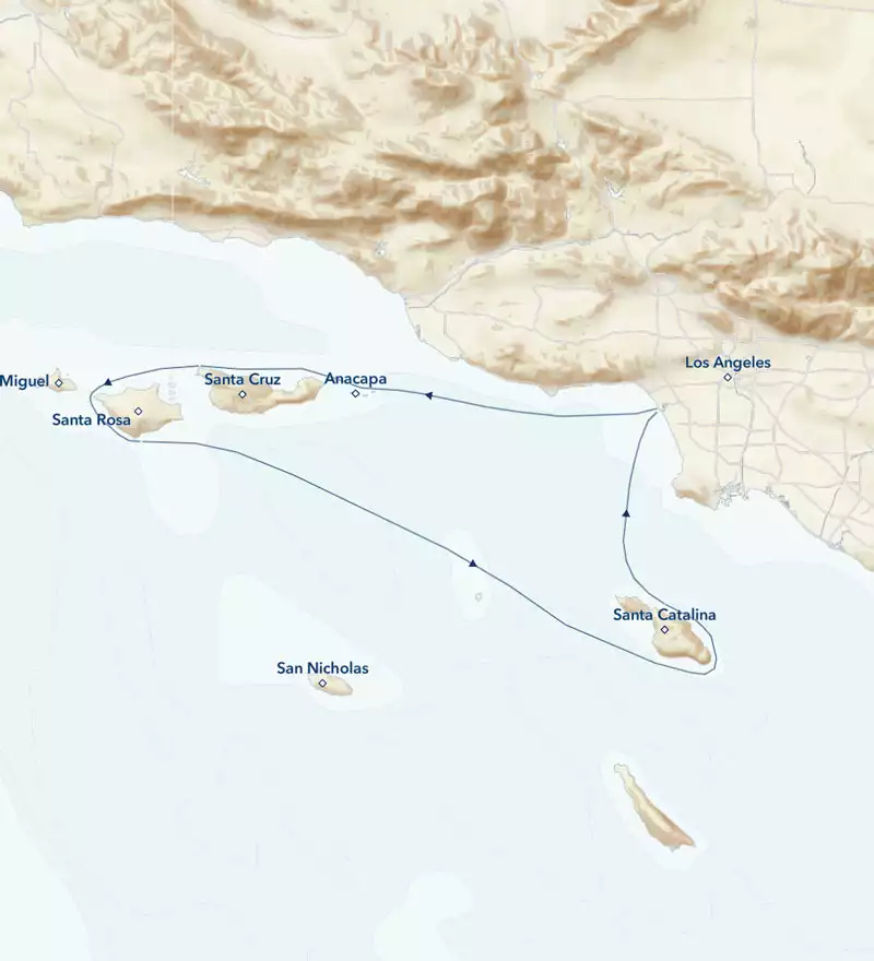 Route map of Wild California Escape: Channel Islands National Park cruise round-trip & counterclockwise from Los Angeles.
