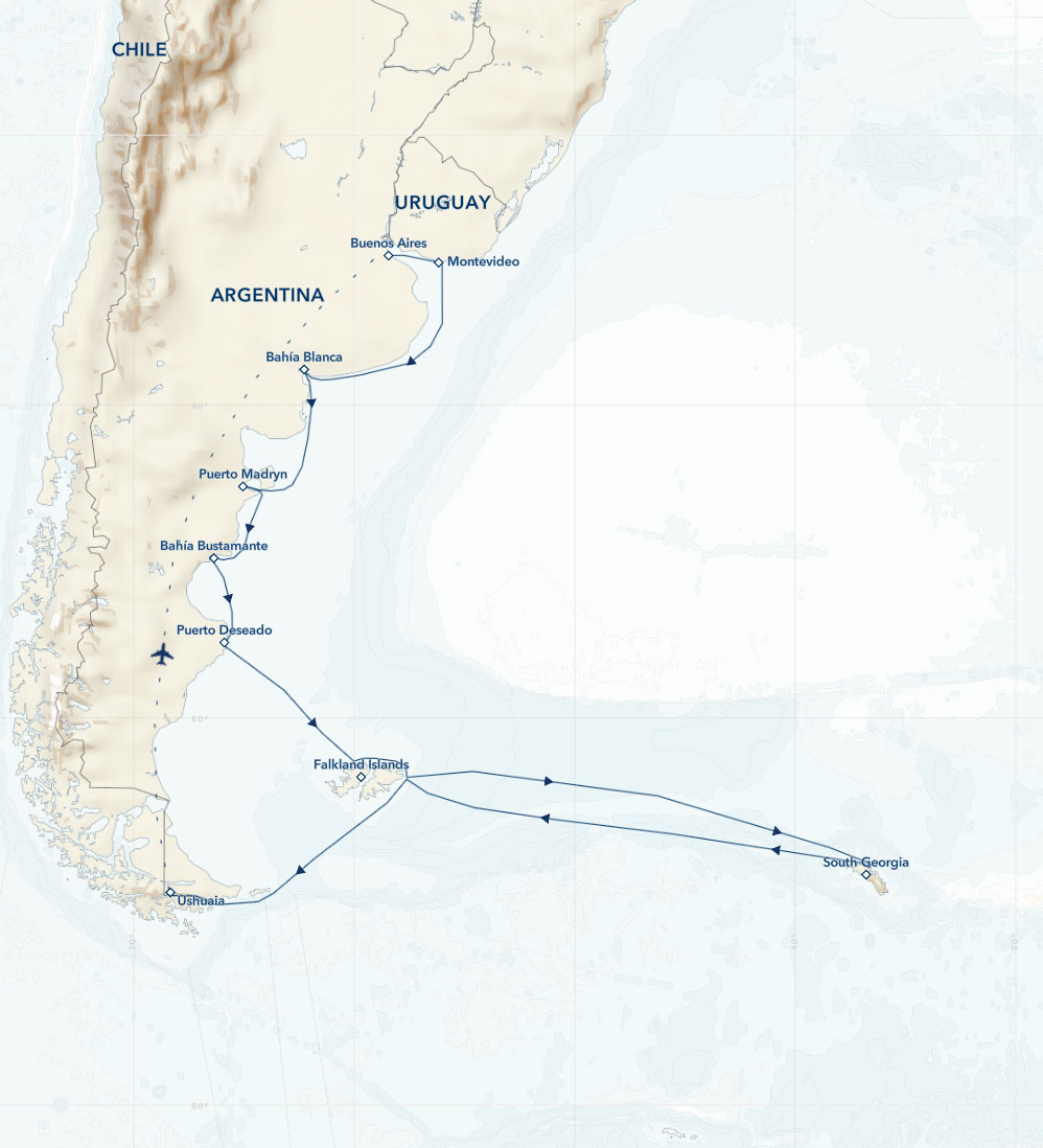 Route map of the National Geographic Argentina, South Georgia & Falkland Islands small ship voyage, operating round-trip from Buenos Aires, Argentina.