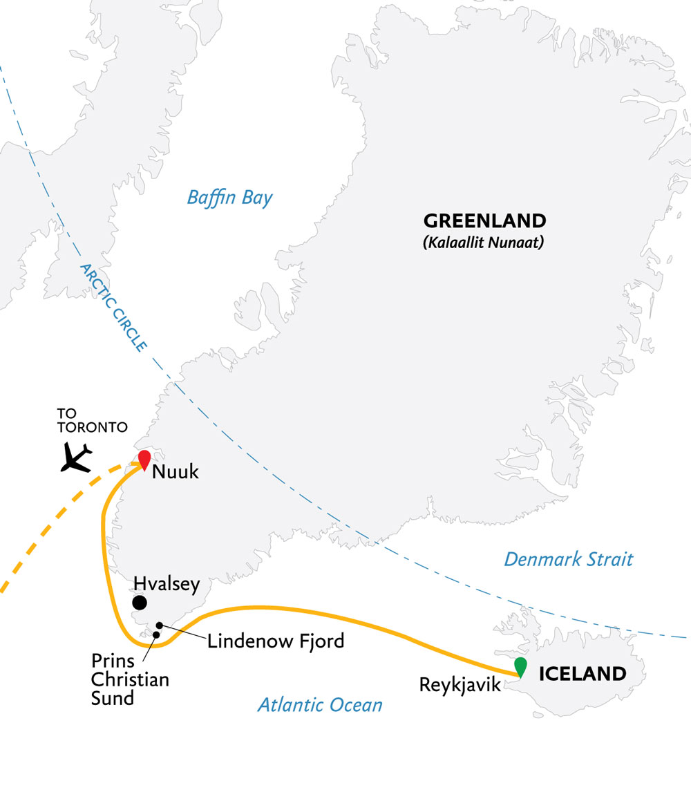 Route map of Wild Fjords of South Greenland cruise from Reykjavik, Iceland to Nuuk, Greenland with a charter flight to end in Toronto, Canada.