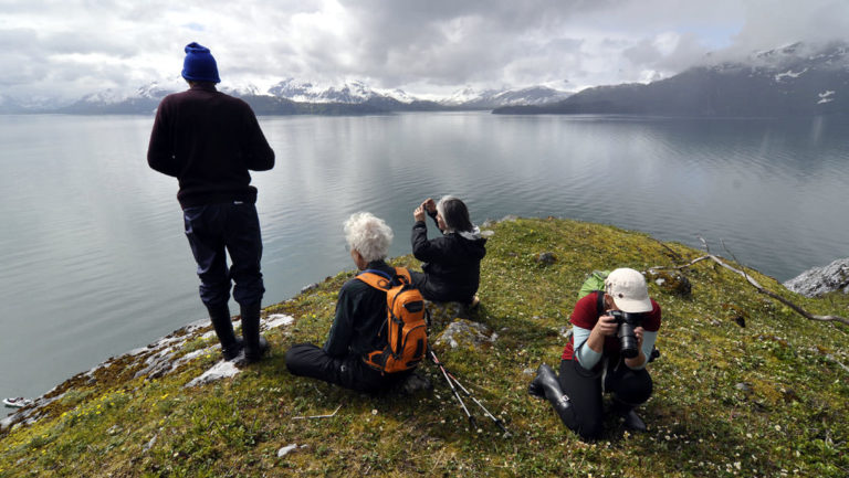 alsaka adventure travelers sit on a grassy cliff taking pictures with calm water below them and clouds in the distance
