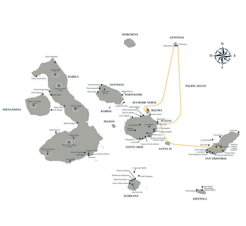 Seaman Journey Galapagos cruise route map with visits to Baltra, Genovesa, North & South Plazas, Santa Fe & San Cristobal.