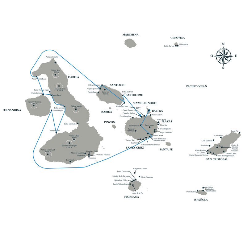 Galapagos cruise route map showing visits to Baltra, Santa Cruz, Fernandina, Isabela, Santiago, Rabida, Chinese Hat and Bartolome islands.