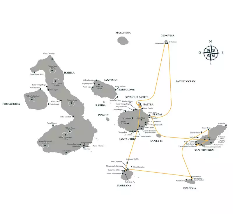 Galapagos cruise route map showing visits to Baltra, Seymour, Genovesa, Plazas, Santa Fe, San Cristobal, Espanola, Floreana and Santa Cruz islands.