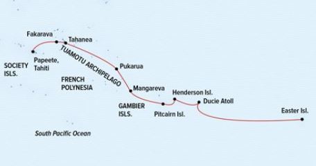 Route map of Tales of the Pacific: Easter Island to Tahiti Chile small ship cruise, operating from Santiago, Chile to Easter Island and ending in Papeete, Tahiti, with visits to the Pitcairn Islands, Mangareva, French Polynesia and the Tuamotu Archipelago.