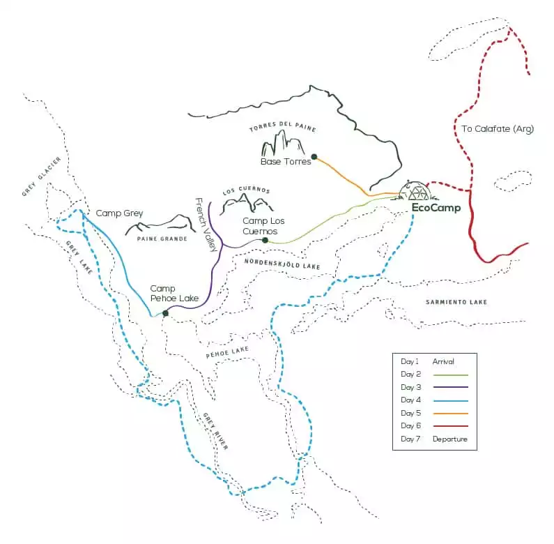 Route map of 7-day Torres Del Paine Trek, operating round-trip from Punta Arenas with visits to Los Cuernos, Valle Frances, Glacier Grey & Eastern Lakes.