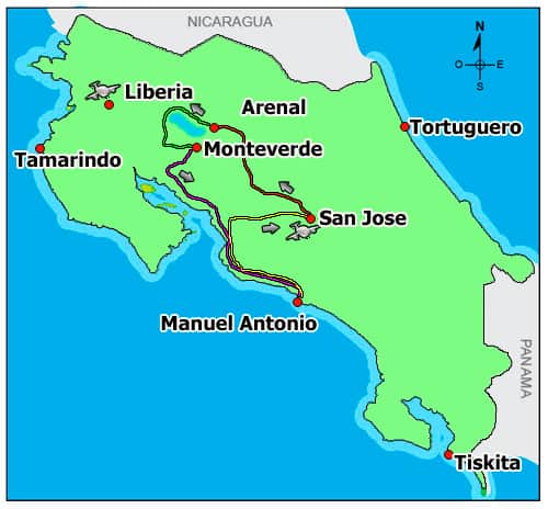 Route map of Tropical Rainforests & Manuel Antonio land tour, operating round-trip from San Jose, Costa Rica, with visits to La Paz Waterfall Gardens, Arenal, Monteverde & the national park.