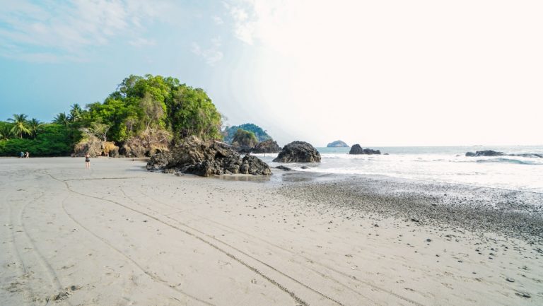 White-sand beach with calm sea & lush jungle seen on the Tropical Rainforests & Manuel Antonio Costa Rica tour.