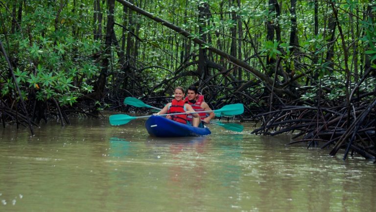 2 tandem kayakers paddle a blue boat with teal paddles down a jungle river on the Tropical Rainforests & Manuel Antonio tour.