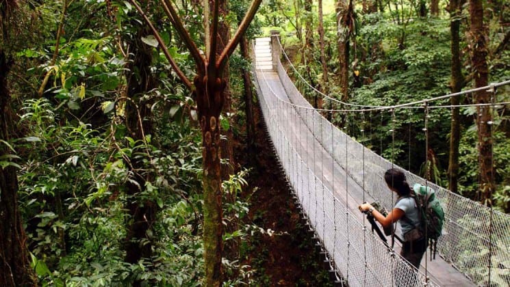 woman on suspension bridge on tropical volcano & cloud forest land tour in costa rica
