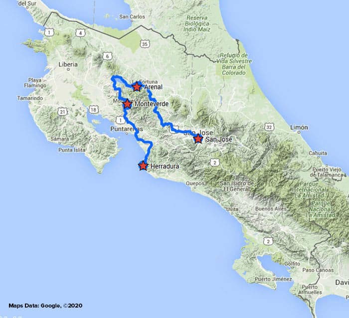 Tropical Volcano & Cloud Forest route map from San Jose to Herradura.