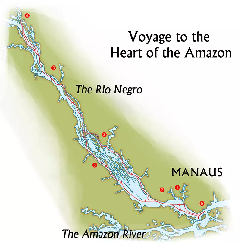 Map showing the 7-day cruise route of the Tucano in the Brazilian Amazon roundtrip from Manaus with red numbers showing the days