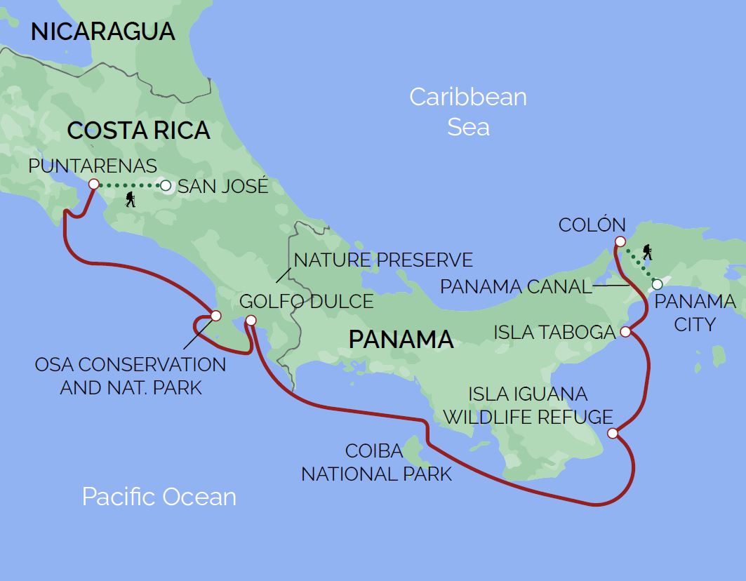A red line on a map of Costa Rica and Panama shows the path of the Safari Voyager Unveiled Wonders cruise between San Jose and Panama City.