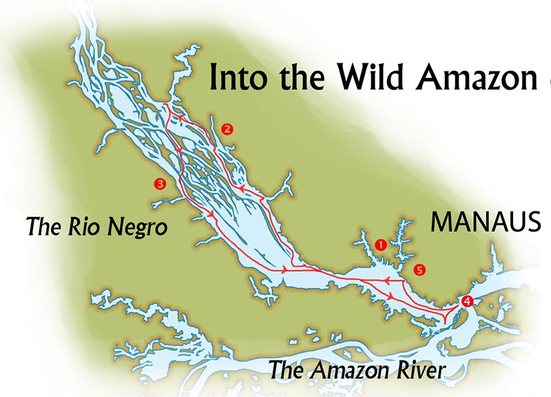 Map showing the 5-day cruise route of the Tucano in the Brazilian Amazon roundtrip from Manaus with red numbers showing the days