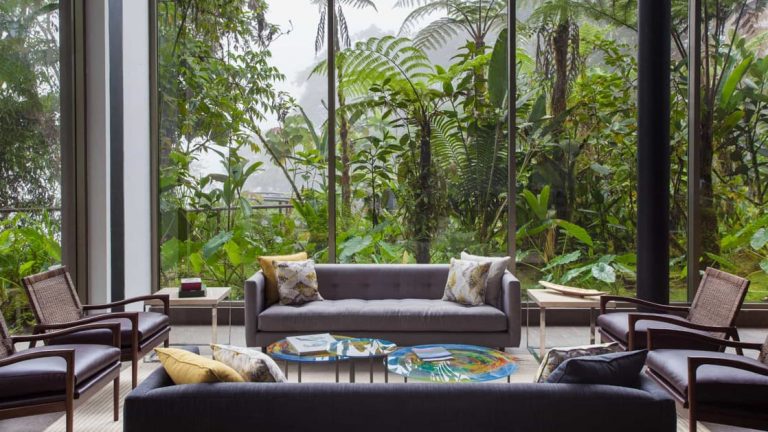 Lounge at Mashpi Lodge in Ecuador, with panoramic floor-to-ceiling windows, modern couches & coffee table with books on the surrounding wildlife.