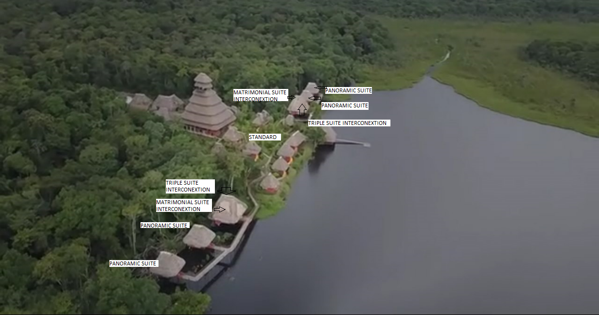 Aerial view of Napo Wildlife Center with 12 thatch-roof huts sitting lakeside & a very tall main building behind, in the jungle.