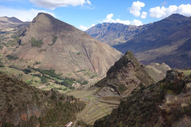 Landscaped view of stone terraces set along a hillside.