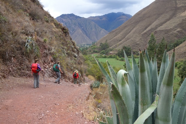 Machu Picchu hikers on a land tour walking towards a green valley floor with mountainous hillsides.