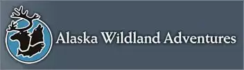 Alaska Wildland Adventures blue logo with wolf, fish and caribou. 