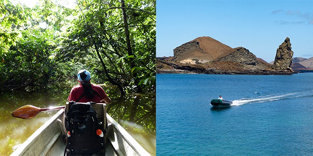 Amazon traveler canoeing on the river and a zodiac cruising on the ocean water with rock formations in the background.