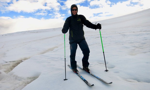 Happy guest from a small ship cruise to Antarctica cross country skiing. 