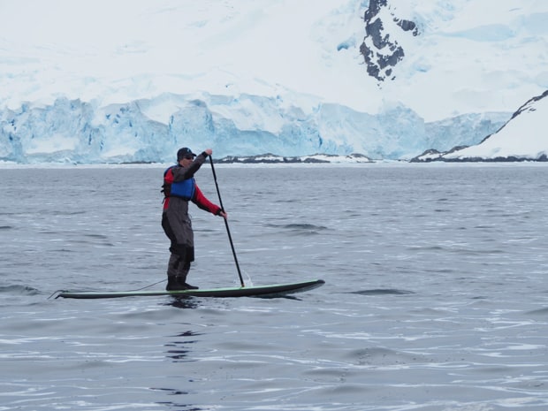 Guest from a small ship stand up paddleboarding in a drysuit in Antarctica. 