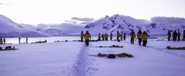 People walking in the pathway created in the snow on Antarctica to get around their campsite for the night.