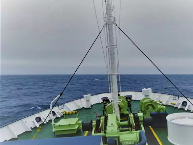 Bow of a small expedition ship crossing the Drake Passage en route to Antarctica. 