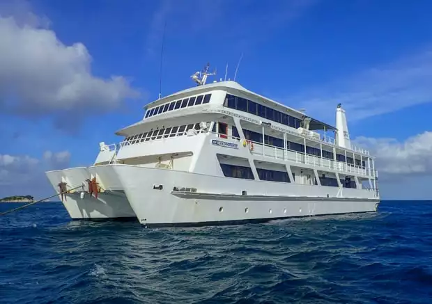 The Coral Expeditions II, bright white ship with three decks.