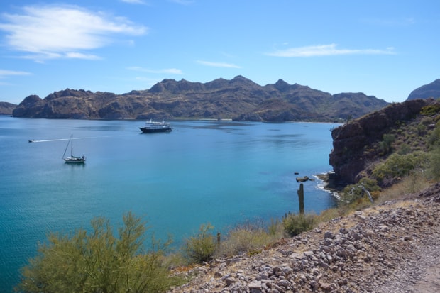 View from a trail on a cliff overlooking the ocean with sailboats and a small ship cruise and mountains in Baja.