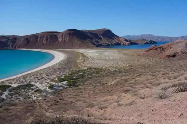 View of a Baja desert island with a narrow sandy beach sandwiched in between the ocean.