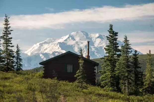 A cabin nestled in the trees with a snow covered mountain top in the distance. 